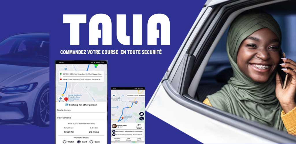 Passagère Talia souriante au téléphone dans une voiture, avec aperçu de l'application de réservation